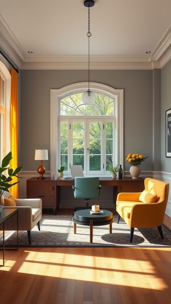 A stylish mid-century modern home office with large windows, elegant furniture, and vibrant decor.