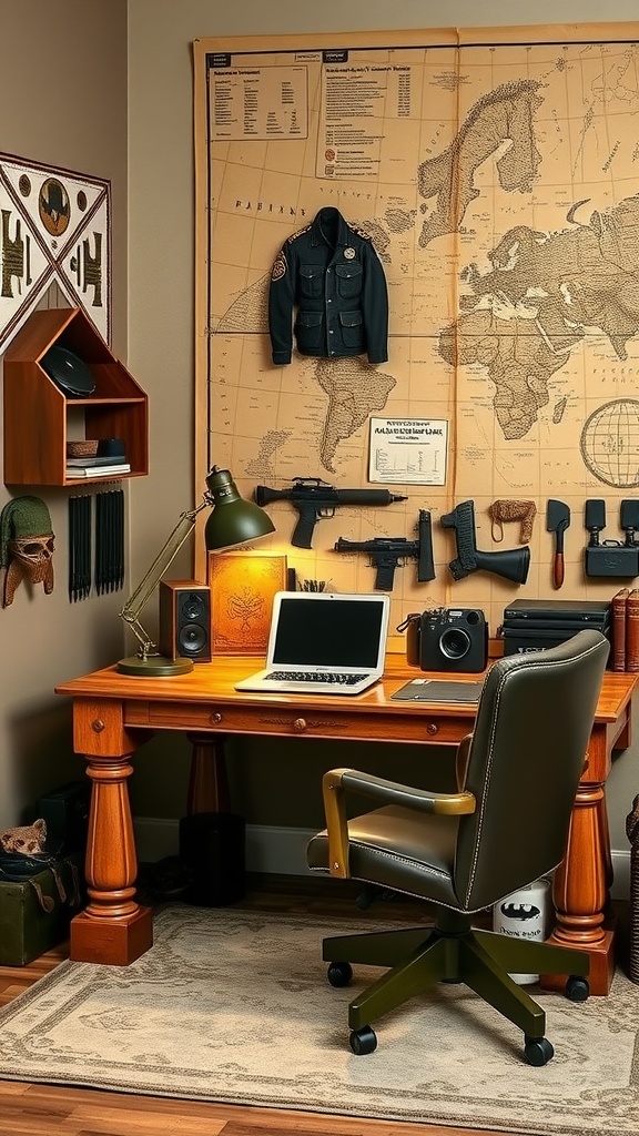 A military inspired home office featuring a wooden desk, leather chair, and military memorabilia on the walls.