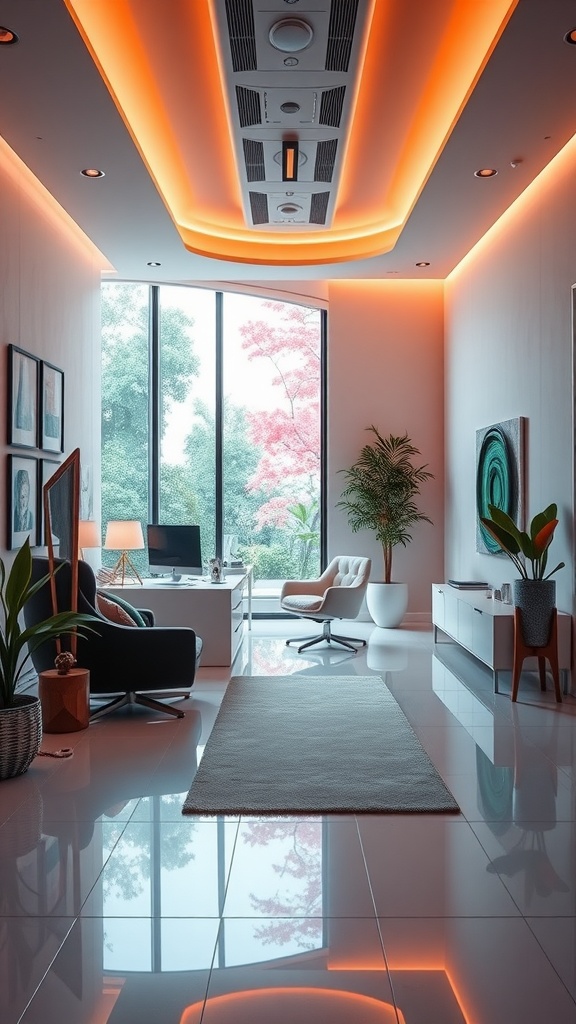 A modern minimalist home office featuring sleek furniture and a bright, open layout with greenery.