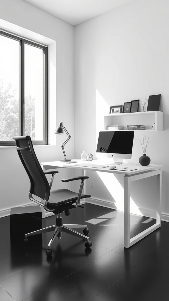 A minimalist black and white home office featuring a sleek desk, ergonomic chair, and large window