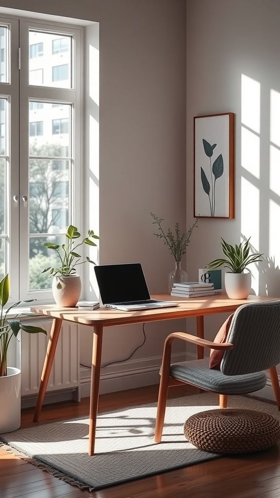 A minimalist desk with a laptop, plants, and natural light from a window