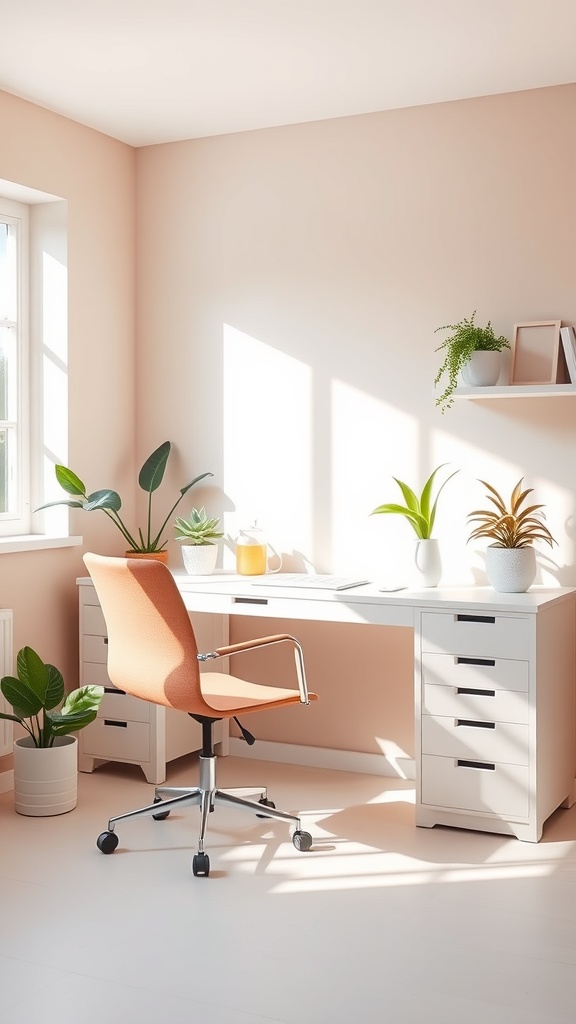 A bright minimalist feminine office with peach walls, a white desk, an orange chair, and plants.