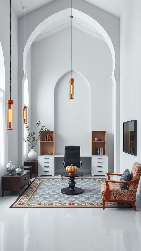 A minimalist home office featuring Islamic design elements, with arches, modern furniture, and stylish decor.