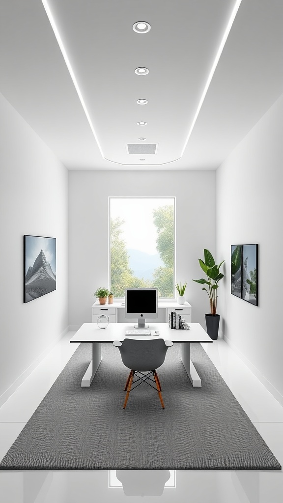 A minimalist modern home office featuring a white desk, grey rug, and plants, with framed pictures on the walls.