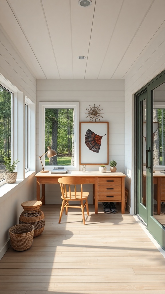 A minimalist outdoor desk in a summer house with large windows and natural light.