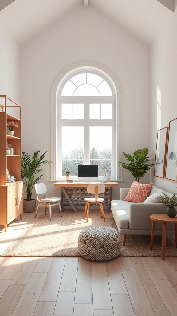 A bright and airy Scandinavian-style home office with a wooden desk, chairs, and plants.