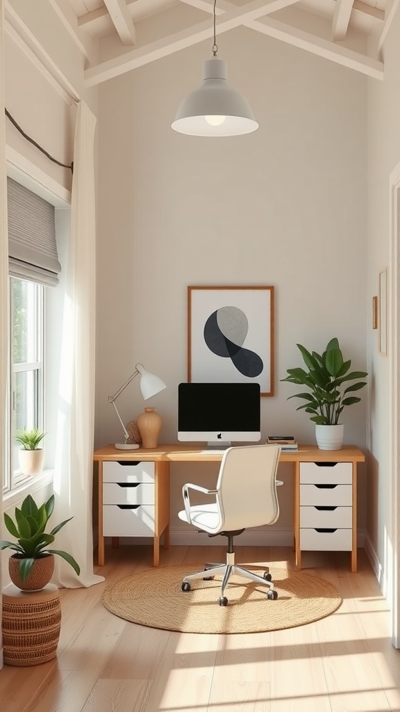 Minimalist home office with light wood desk, white drawers, potted plants, and a round rug