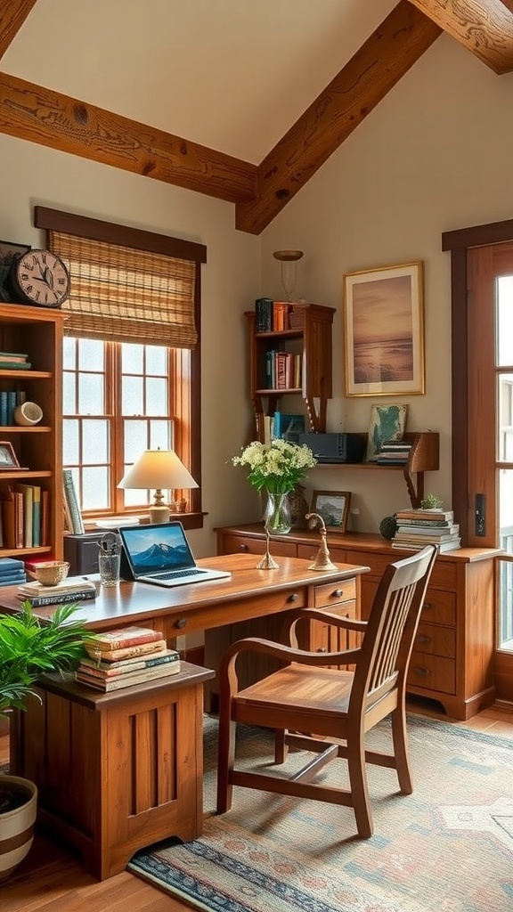 A cozy Mission Style home office featuring wooden furniture, a desk, and natural light.
