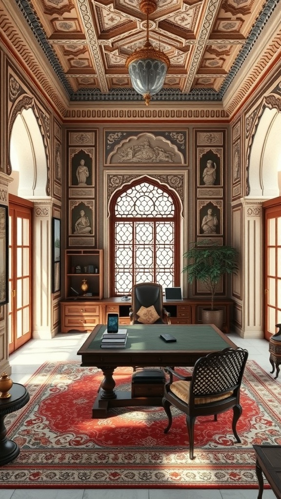 A beautifully designed home office featuring Indo-Islamic architecture with intricate ceiling patterns, wooden furniture, and a vibrant rug.