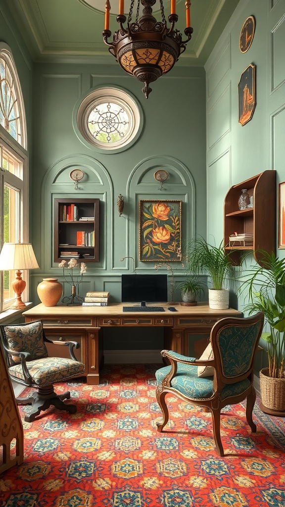 A beautifully designed home office featuring art nouveau elements with vintage furniture and a modern desk.