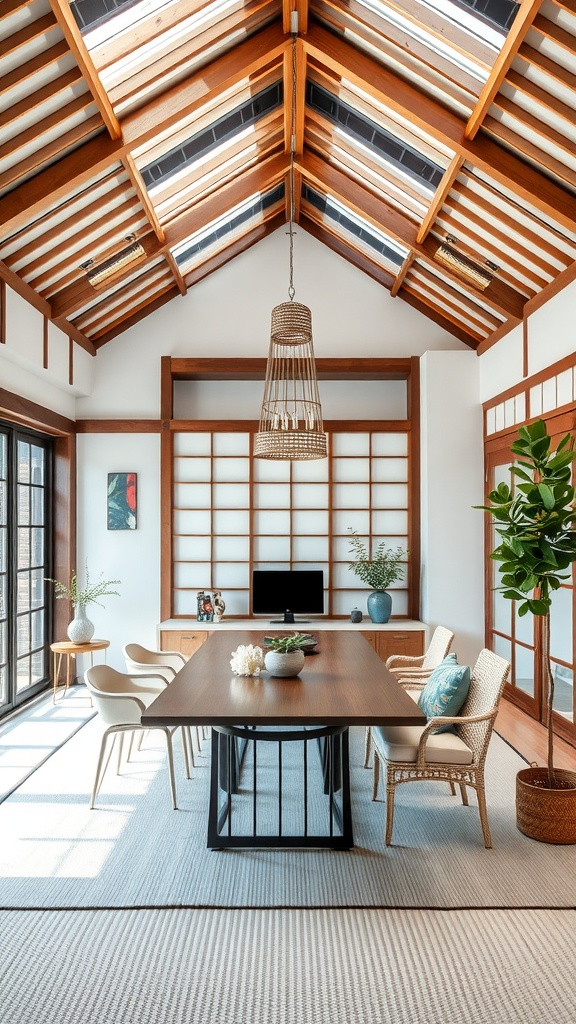 Interior of a home office with a Mizukake roof design featuring wooden beams and natural light.