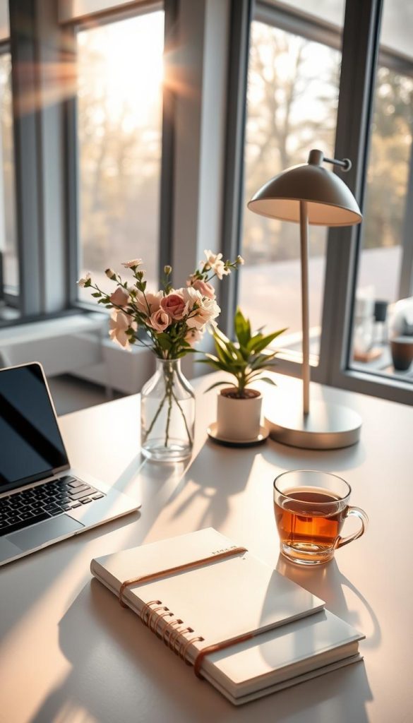 modern feminine desk setup