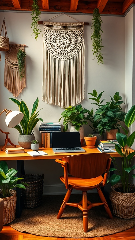 A modern boho office featuring a wooden desk, plants, and macramé wall hangings.
