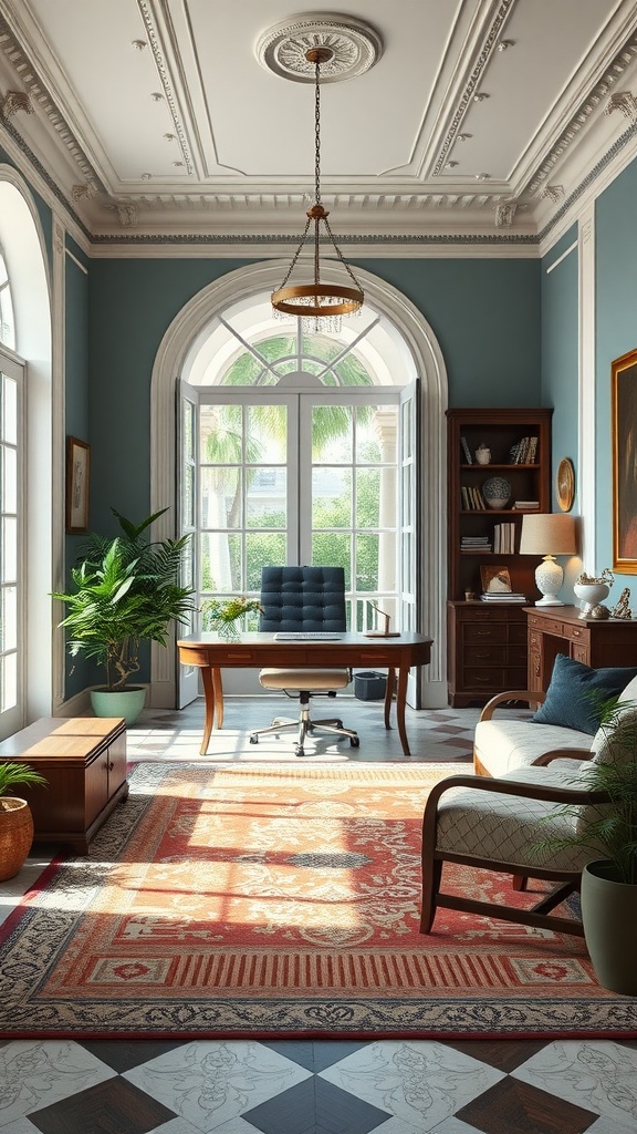 A modern colonial home office with elegant architecture, featuring arched windows, a wooden desk, and a cozy seating area.