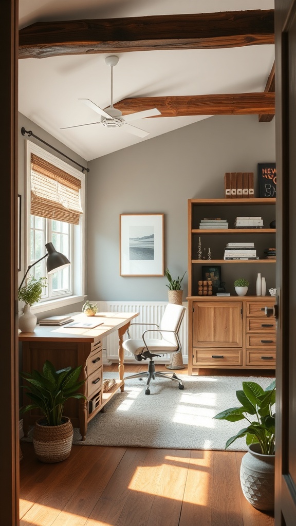 A modern farmhouse home office featuring a high wooden ceiling, a comfortable sofa, and a sleek desk area.