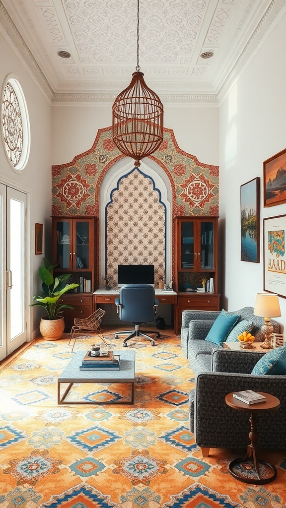 A modern home office featuring geometric patterns on the walls and floor, with a stylish desk and comfortable seating.