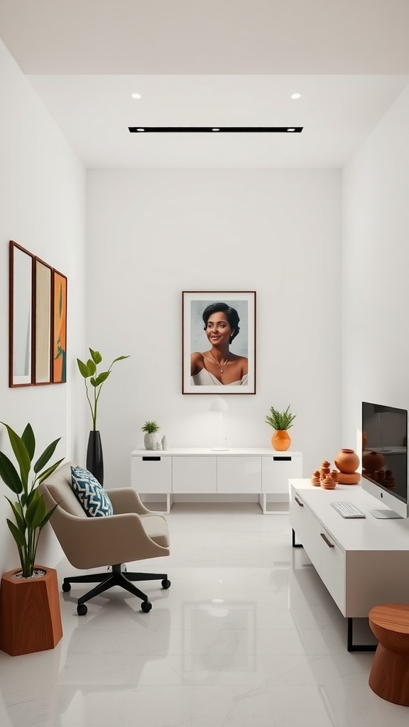 A modern minimalist home office featuring white walls, a stylish desk, and comfortable chair, with plants and artwork for decoration.