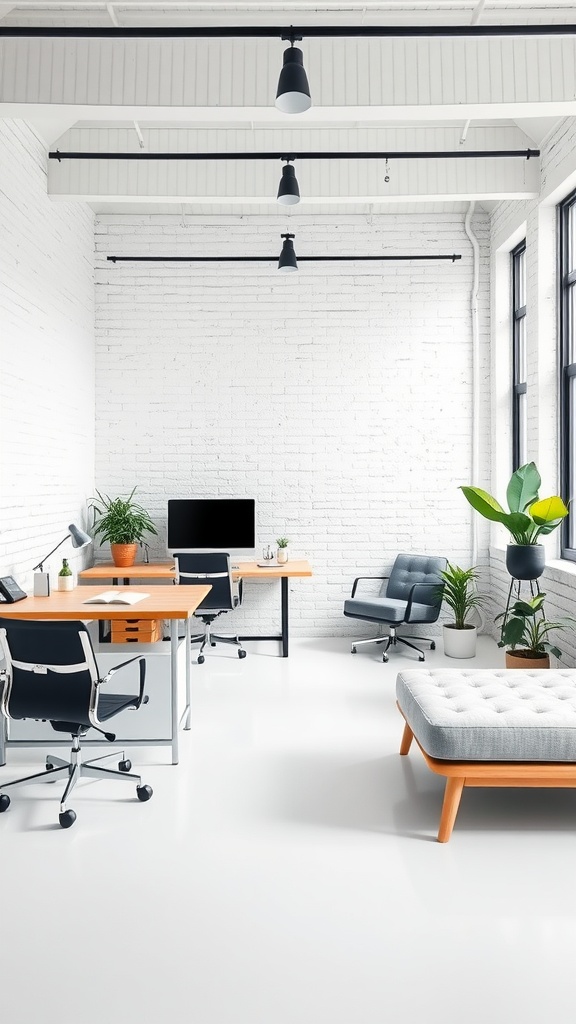 A modern rustic office featuring red brick architecture, minimal furniture, and natural light.