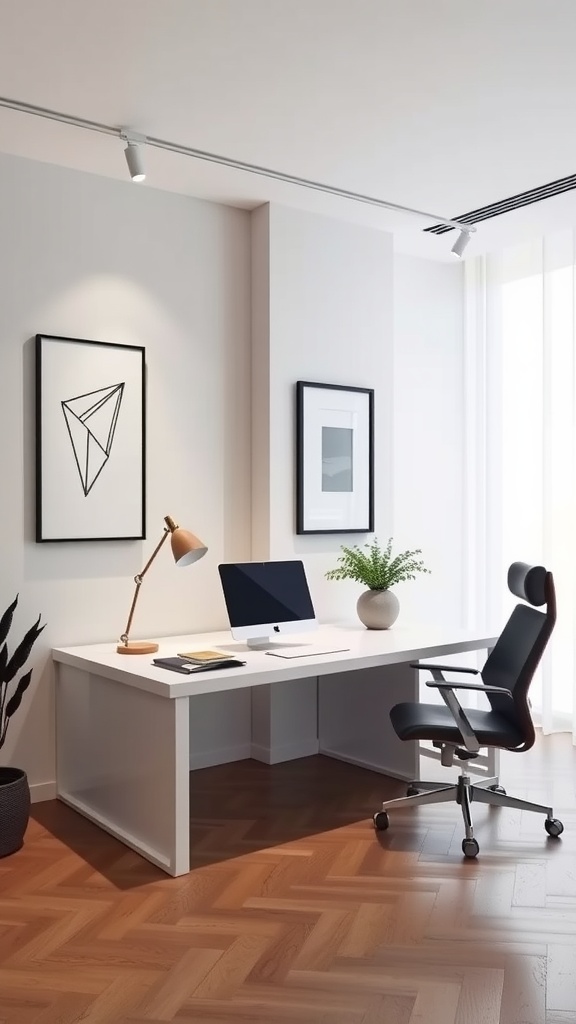 A modern minimalist home office with wooden furniture, large windows, and a plant.