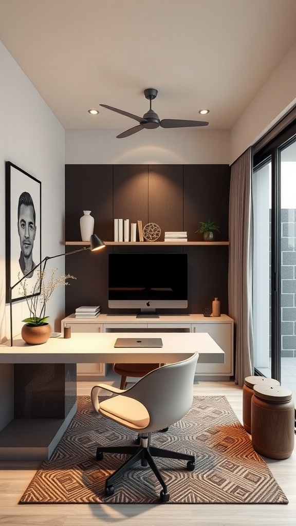 A modern minimalist home office featuring a desk, chair, and a vibrant red rug.