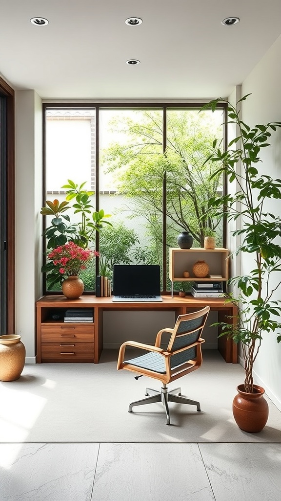 A modern minimalist home office with a wooden desk, plants, and large windows.