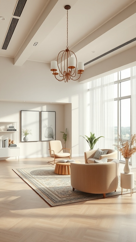 A modern open concept home office with large windows, stylish furniture, and natural light.