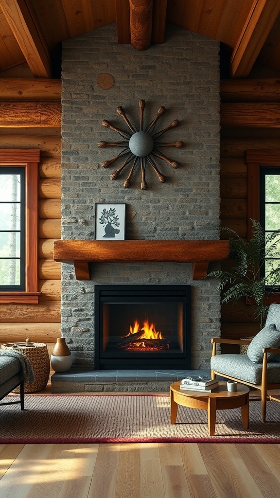 A modern rustic fireplace insert in a cozy cabin setting with wooden beams and stone walls.