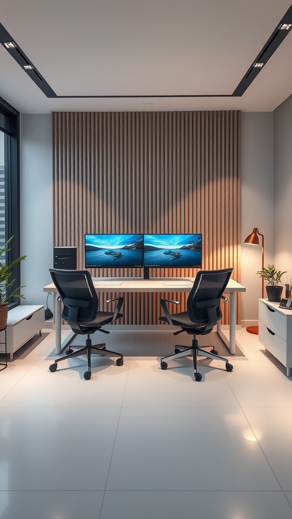 A modern tech office with dual monitors, ergonomic chairs, and wooden wall accents.