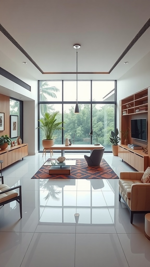 A modern home office with large windows, minimalist furniture, and wooden cabinetry.