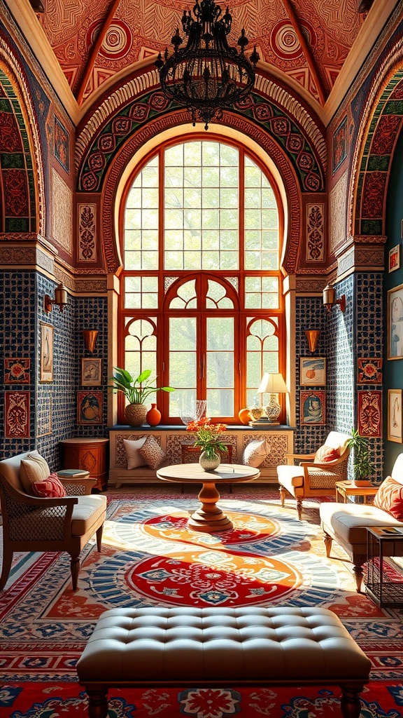 A beautifully designed home office with Moorish influence, featuring intricate patterns, a grand arched window, and elegant decor.