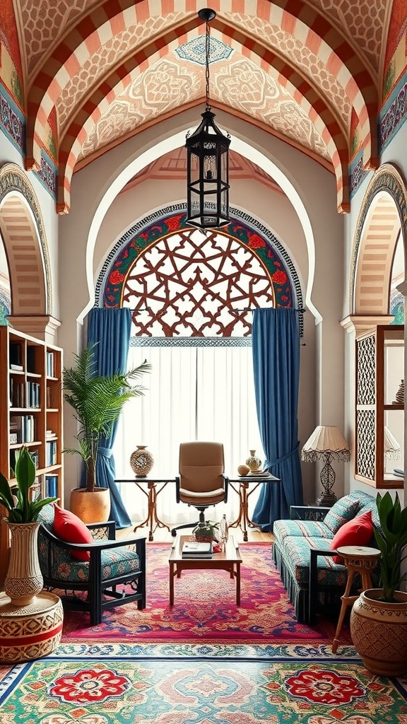 A beautifully designed home office featuring Moorish Revival architecture with arched ceilings, intricate patterns, and vibrant decor.