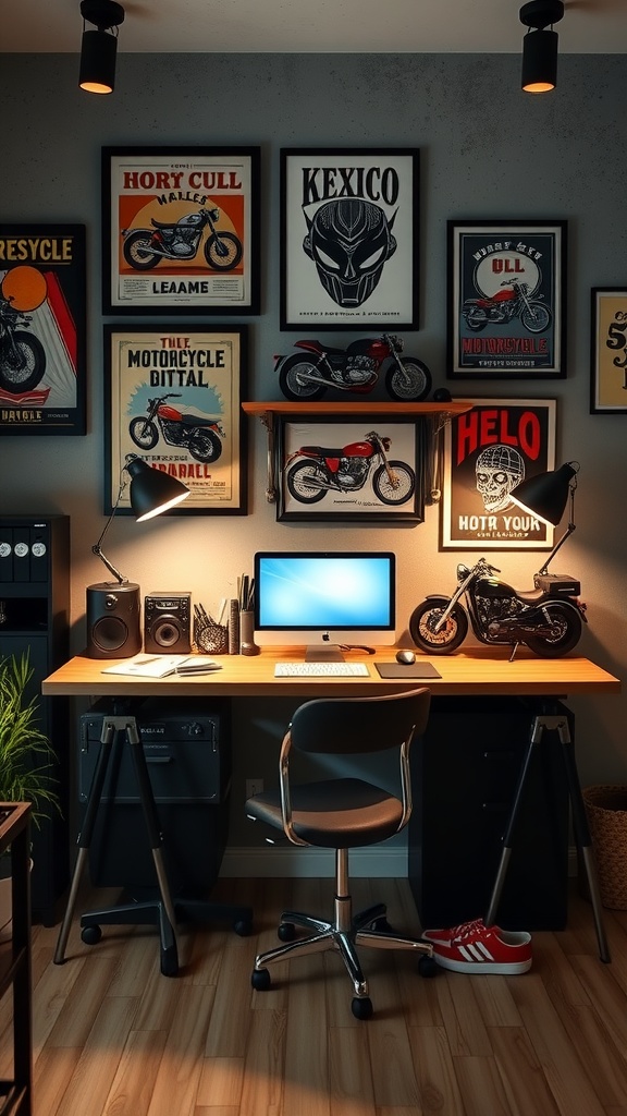 A motorcycle-themed home office featuring posters, a desk, and a computer setup.