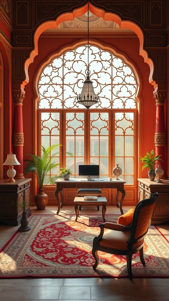A beautifully designed home office with Mughal-inspired architecture, featuring rich red and orange colors, intricate furniture, and a large window allowing natural light.