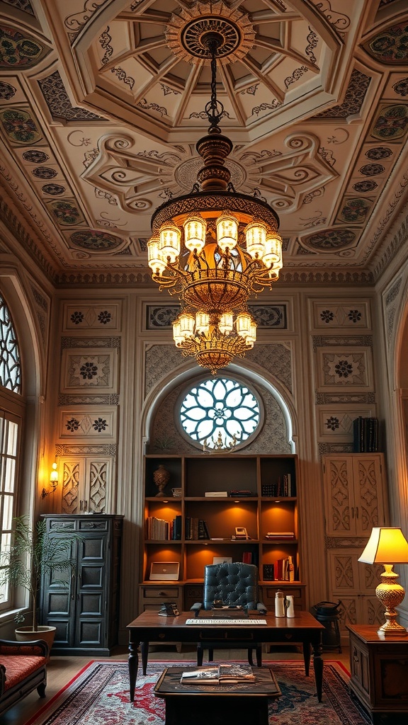 A beautifully designed Mughal-inspired chandelier in an elegant home office setting.
