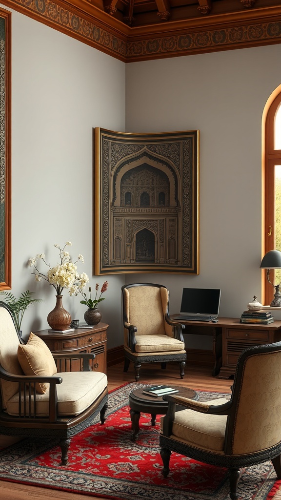 A cozy home office featuring Mughal-inspired wall art, elegant furniture, and a warm color palette.