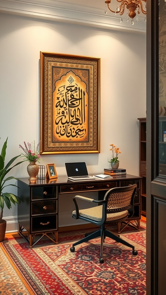 A home office featuring Mughal calligraphy art, elegant furniture, and a warm color palette.