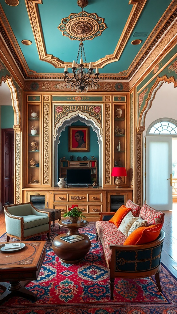 A beautifully designed home office showcasing Mughal architecture with intricate ceiling, ornate furniture, and vibrant decor.