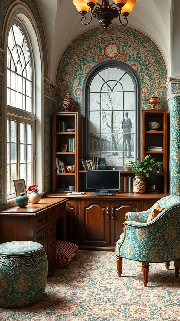 A beautifully designed art nouveau home office featuring a wooden desk, patterned chair, and decorative elements.