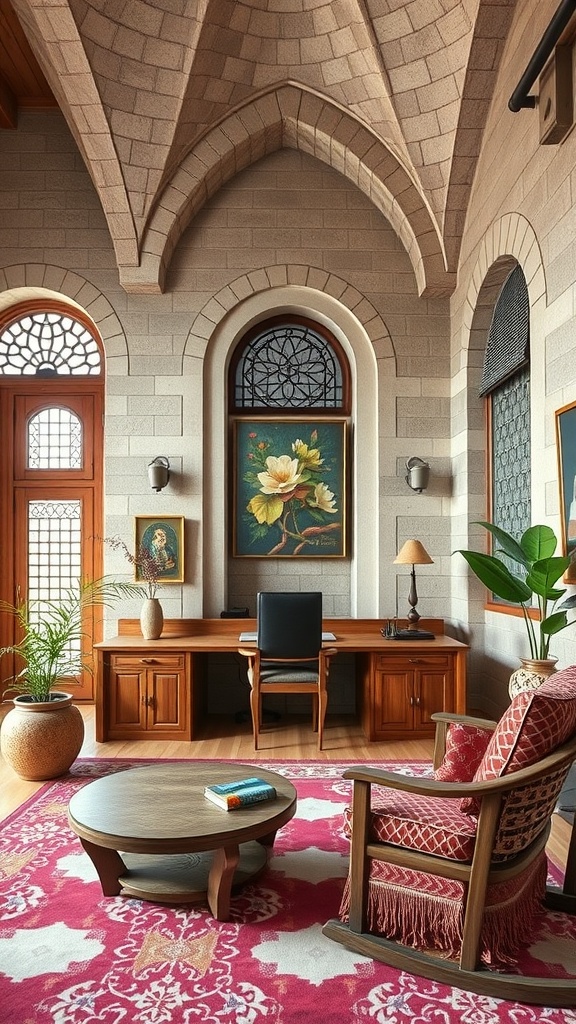 A cozy home office featuring a vaulted ceiling, wooden furniture, and natural elements.