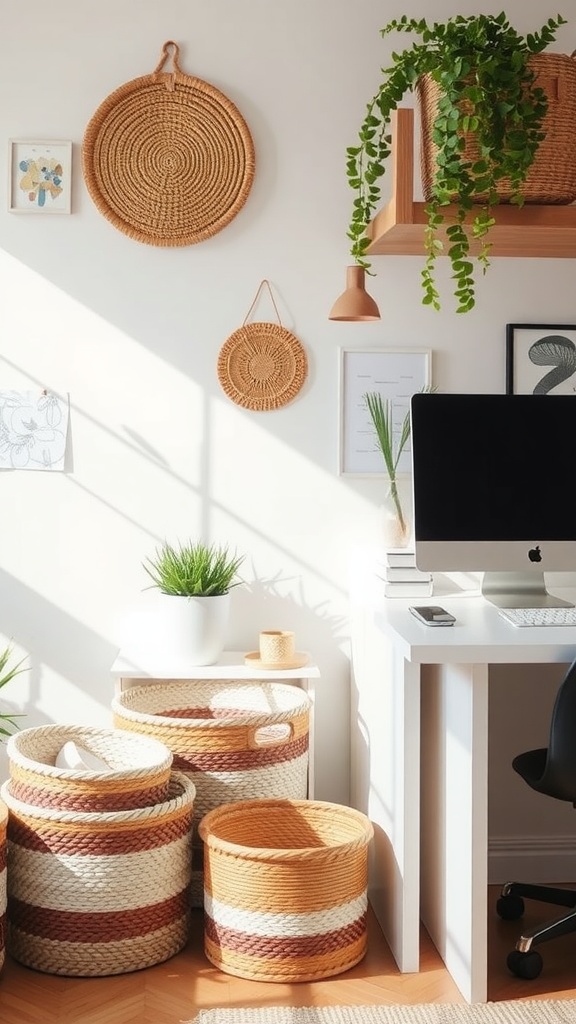 A cozy home office featuring natural fiber storage baskets around a wooden desk with a computer, plant, and wall decor.