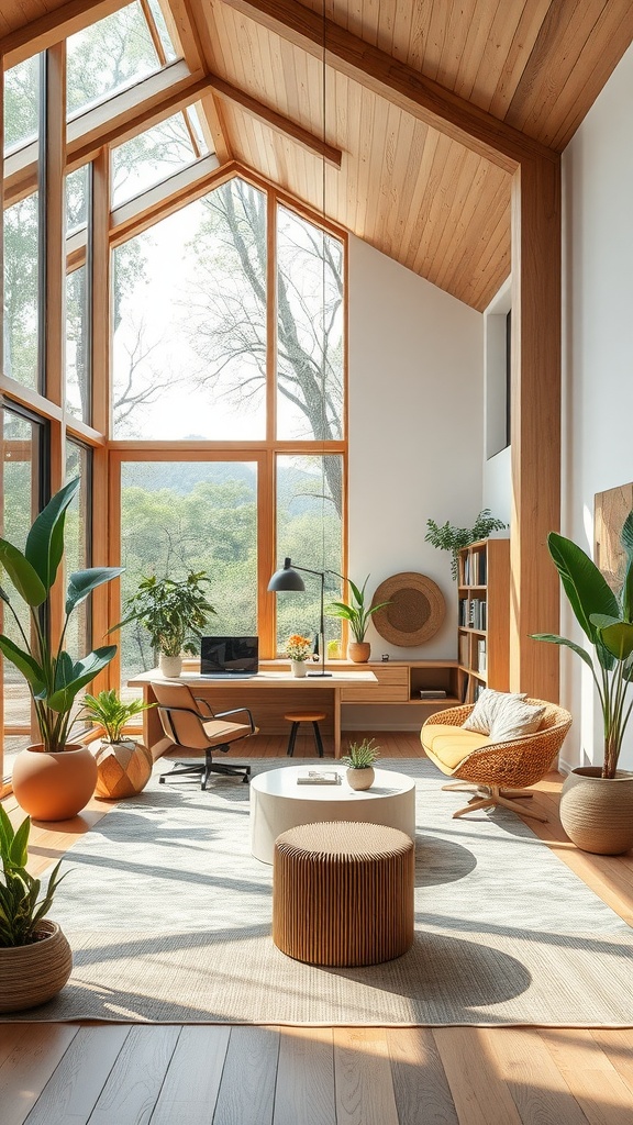 A bright and airy home office with large windows, wooden accents, and indoor plants.