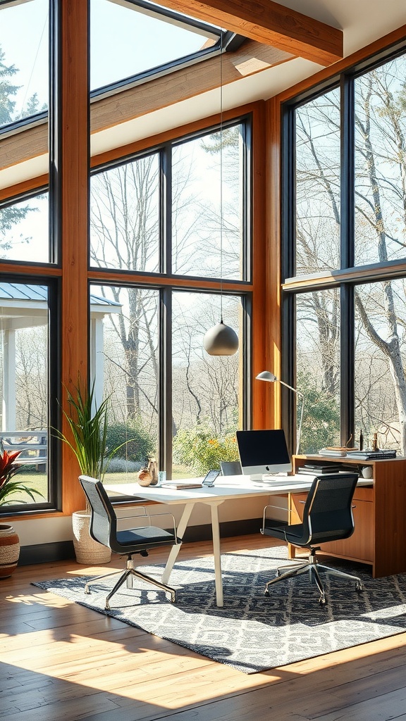 Bright home office with large windows and modern furniture, showcasing natural light.