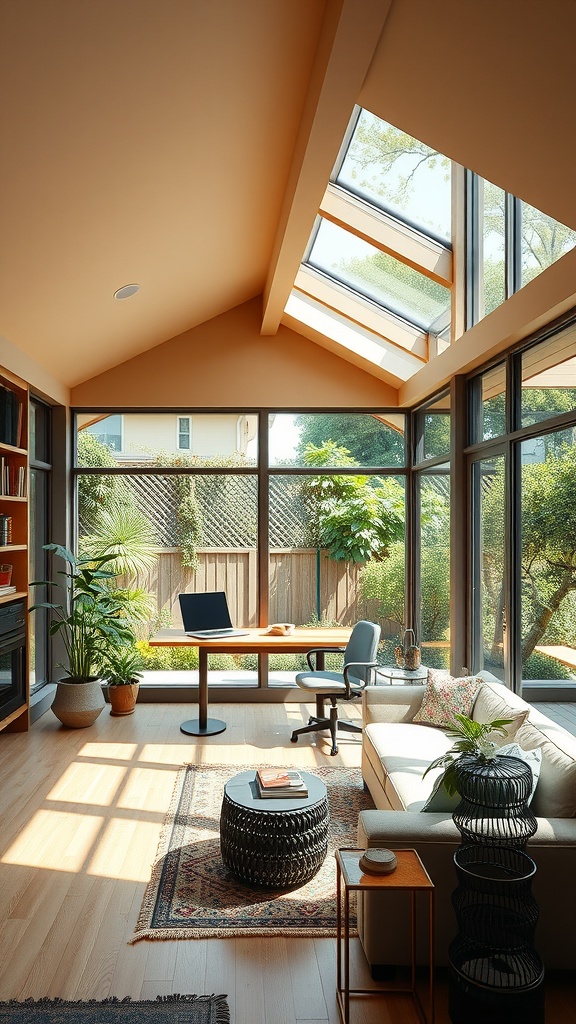 A bright home office with large windows and a skylight, featuring plants and a modern desk.