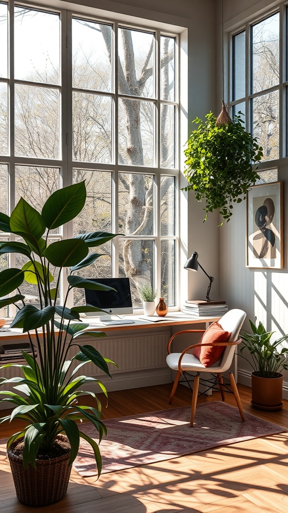 A bright home office with large windows, plants, and a cozy chair, showcasing natural light.