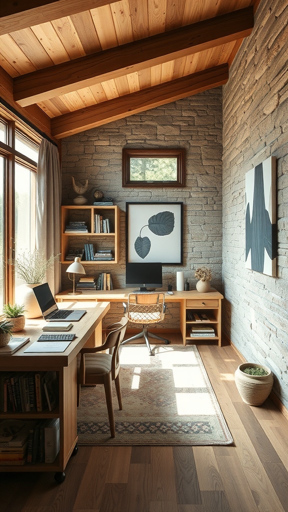 A cozy home office featuring natural materials, wooden furniture, and art nouveau elements.