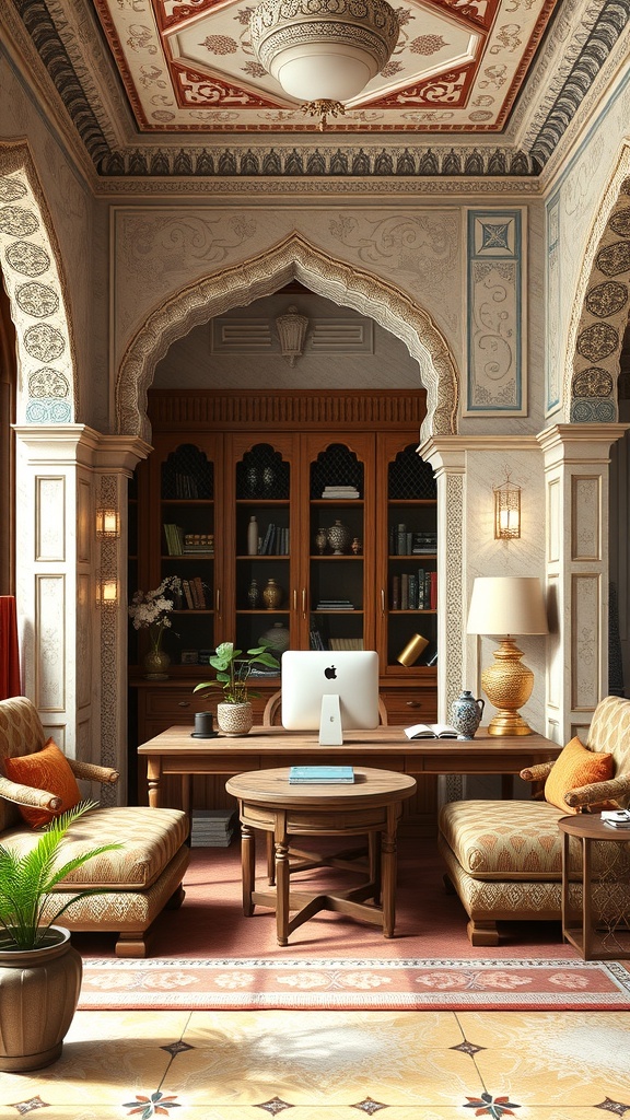 A beautifully designed home office inspired by Mughal architecture, featuring wooden furniture, intricate ceiling designs, and comfortable seating.