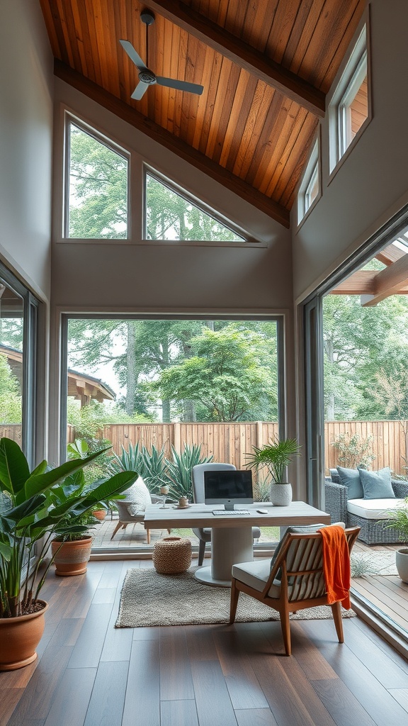 A bright home office with large windows, high ceilings, and plants, showcasing natural ventilation.