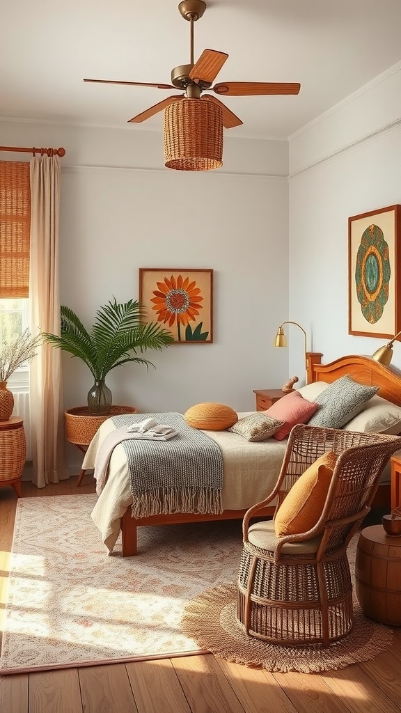 A cozy summer bedroom featuring natural wood accents, a woven chair, and bright decor.