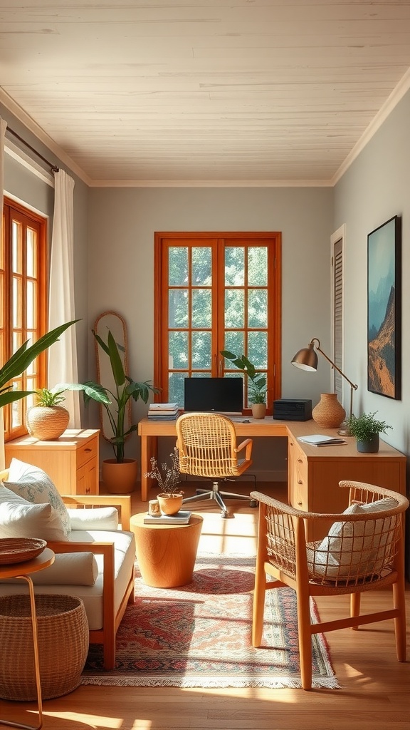 A cozy home office featuring natural wood furniture, plants, and warm sunlight.