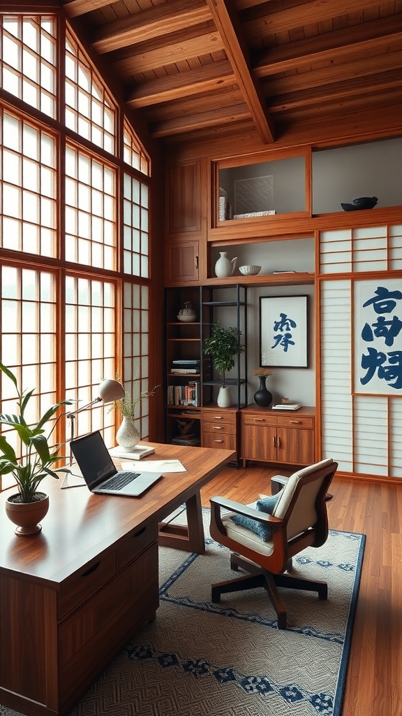 A cozy home office with natural wood finishes, large windows, and a modern desk.